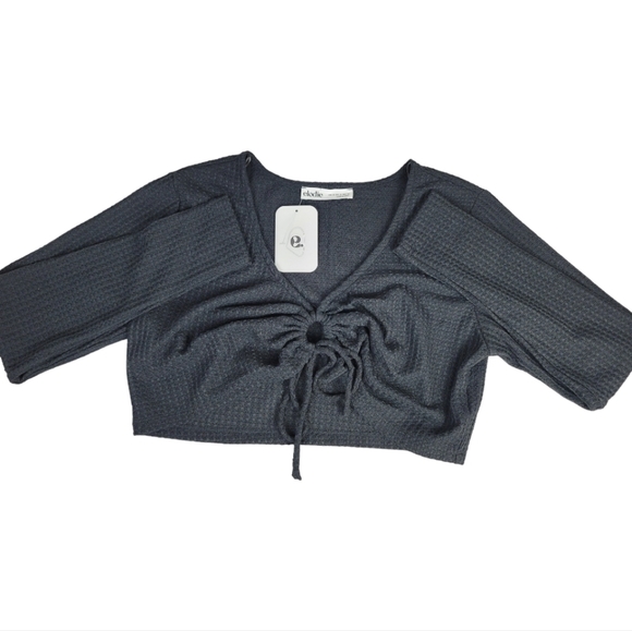 **NWT** ELODIE Waffle Knit Front Tie Long Sleeves V-neck Crop Top/Blouse Goth - Picture 6 of 9